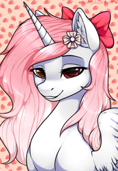 Size: 2071x2994 | Tagged: safe, artist:megabait, imported from derpibooru, oc, alicorn, pony, bow, bust, female, food, high res, portrait, strawberry