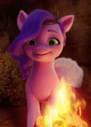Size: 430x600 | Tagged: safe, imported from derpibooru, screencap, pipp petals, pegasus, pony, spoiler:my little pony: a new generation, adorapipp, animated, beautiful, campfire, cropped, cute, female, fire, g5, gif, mare, my little pony: a new generation, smiling, solo