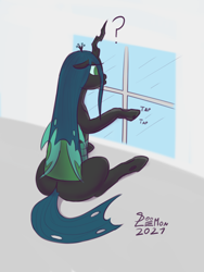 Size: 1200x1600 | Tagged: safe, artist:doomlemon, imported from derpibooru, queen chrysalis, changeling, changeling queen, bugbutt, bugs doing bug things, butt, confused, eyebrows, eyebrows visible through hair, female, plot, question mark, rear view, signature, sitting, solo, tapping, window