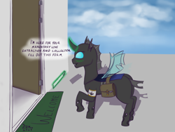 Size: 1600x1200 | Tagged: safe, artist:doomlemon, imported from derpibooru, changeling, armband, blushing, door, glowing, glowing horn, horn, house, levitation, love collector, magic, magic aura, offscreen character, profile, raised hoof, solo, spread wings, telekinesis, wings