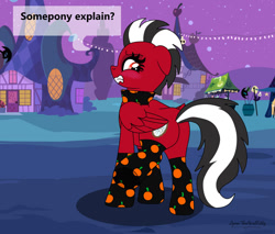 Size: 1280x1091 | Tagged: safe, artist:lynnthenerdkitty, imported from derpibooru, oc, oc:shatter misty cloud, pegasus, pony, blushing, butt, clothes, costume, floppy ears, gritted teeth, halloween, halloween 2021, halloween costume, holiday, plot, ponified, shatter (transformers), socks, sweater, transformers, turtleneck