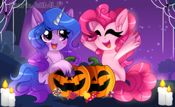 Size: 3104x1901 | Tagged: safe, artist:darkjillmlp123, imported from derpibooru, izzy moonbow, pinkie pie, earth pony, pony, unicorn, duo, female, g4, g4 to g5, g5, halloween, holiday, jack-o-lantern, my little pony: a new generation, pumpkin