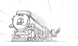 Size: 1280x768 | Tagged: safe, artist:captainhoers, imported from derpibooru, oc, oc only, pegasus, pony, flying, grayscale, locomotive, monochrome, simple background, solo focus, train, white background