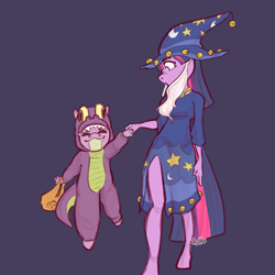 Size: 3048x3048 | Tagged: safe, artist:scribleydoodles, imported from derpibooru, spike, twilight sparkle, anthro, dragon, unguligrade anthro, unicorn, luna eclipsed, blue background, clothes, costume, dragon costume, duo, eyes closed, fake beard, female, halloween, high res, holding hands, holiday, male, nightmare night costume, purple background, simple background, star swirl the bearded costume, unicorn twilight