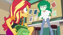 Size: 1920x1080 | Tagged: safe, edit, edited screencap, imported from derpibooru, screencap, sunset shimmer, wallflower blush, equestria girls, equestria girls series, forgotten friendship, angry, backpack, bondage, desk, discovery family logo, duo, eye contact, female, freckles, looking at each other, photos, straitjacket, surprised