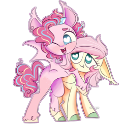 Size: 1200x1200 | Tagged: safe, artist:xbash-pepsi, imported from derpibooru, fluttershy, pinkie pie, bat pony, pony, alternate design, bat ponified, bat wings, colored hooves, fangs, female, floppy ears, flutterbat, flutterpie, heart eyes, hug, lesbian, looking at someone, looking at you, mare, missing cutie mark, one eye closed, open mouth, open smile, outline, pinkiebat, race swap, shipping, simple background, smiling, spread wings, standing, standing on one leg, transparent background, unshorn fetlocks, wingding eyes, wings, wink, winking at you