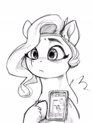 Size: 1536x2048 | Tagged: safe, artist:dimfann, imported from derpibooru, pipp petals, pegasus, pony, adorapipp, bust, cellphone, cute, female, g5, grayscale, height supremacy, hoof hold, looking at someone, mare, marelet, monochrome, my little pony: a new generation, pencil drawing, phone, pipp is short, sad, sadorable, showing, simple background, solo, that pony sure does love phones, three quarter view, traditional art, unshorn fetlocks, white background