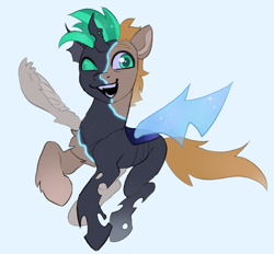 Size: 1394x1292 | Tagged: safe, artist:draw3, imported from derpibooru, oc, oc only, oc:shifting sands, changeling, pegasus, pony, changeling oc, green changeling, grin, male, mid-transformation, simple background, smiling, solo, white background