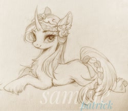 Size: 2048x1771 | Tagged: safe, artist:paipaishuaige, imported from derpibooru, oc, oc only, pony, unicorn, chest fluff, curved horn, female, flower, flower in hair, horn, looking at you, lying down, monochrome, prone, sketch, smiling, solo, traditional art, unshorn fetlocks