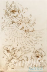 Size: 1448x2227 | Tagged: safe, artist:paipaishuaige, imported from derpibooru, oc, oc only, pegasus, pony, :p, chest fluff, female, flower, flower in hair, looking at you, smiling, solo, spread wings, tongue out, traditional art, unshorn fetlocks, wings