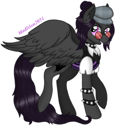 Size: 698x720 | Tagged: safe, artist:madlilon2051, imported from derpibooru, oc, oc only, pegasus, pony, clothes, ear fluff, hat, pegasus oc, simple background, smiling, solo, spiked wristband, sunglasses, transparent background, wings, wristband