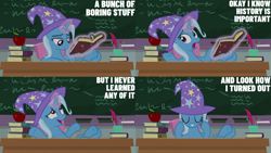 Size: 1280x720 | Tagged: safe, edit, edited screencap, editor:quoterific, imported from derpibooru, screencap, trixie, pony, unicorn, a horse shoe-in, season 9, apple, book, chalkboard, clothes, eyes closed, female, food, grin, hat, magic, mare, smiling, solo, telekinesis, trixie's hat