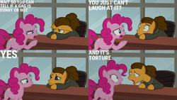 Size: 1280x720 | Tagged: safe, edit, edited screencap, editor:quoterific, imported from derpibooru, screencap, cheese sandwich, pinkie pie, earth pony, pony, season 9, the last laugh, clothes, crying, female, floppy ears, jacket, male, mare, open mouth, stallion