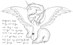 Size: 2035x1266 | Tagged: safe, artist:beamybutt, imported from derpibooru, oc, oc only, oc:moonbeam, alicorn, pony, alicorn oc, ear fluff, female, horn, lineart, mare, monochrome, spiked wristband, spread wings, wings, wristband