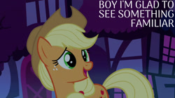 Size: 1280x720 | Tagged: safe, edit, edited screencap, editor:quoterific, imported from derpibooru, screencap, applejack, earth pony, pony, do princesses dream of magic sheep, season 5, applejack's hat, cowboy hat, female, hat, mare, night, open mouth, open smile, smiling, solo