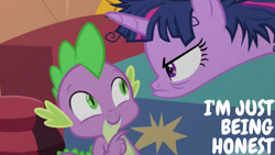 Size: 1280x720 | Tagged: safe, edit, edited screencap, editor:quoterific, imported from derpibooru, screencap, spike, twilight sparkle, alicorn, dragon, pony, inspiration manifestation, season 4, angry, bed, female, golden oaks library, male, mare, messy mane, smiling, twilight sparkle (alicorn)