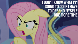 Size: 1280x720 | Tagged: safe, edit, edited screencap, editor:quoterific, imported from derpibooru, screencap, fluttershy, pegasus, pony, fame and misfortune, season 7, ears back, female, magic, mare, measuring tape, open mouth, solo, telekinesis