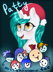 Size: 681x936 | Tagged: safe, artist:herusann, imported from derpibooru, oc, oc only, pony, unicorn, bust, christmas, hat, holiday, horn, santa hat, smiling, unicorn oc