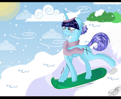 Size: 1834x1500 | Tagged: safe, artist:herusann, imported from derpibooru, oc, oc only, pony, unicorn, clothes, horn, outdoors, scarf, signature, snowboard, snowboarding, solo, sun, unicorn oc