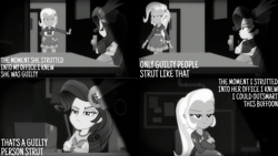 Size: 1280x720 | Tagged: safe, edit, edited screencap, editor:quoterific, imported from derpibooru, screencap, rarity, trixie, equestria girls, equestria girls series, rarity investigates: the case of the bedazzled boot, black and white, clothes, crossed arms, cutie mark, cutie mark on clothes, female, grayscale, hairpin, hoodie, monochrome, rarity investigates (eqg): trixie, smiling