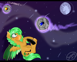 Size: 1834x1500 | Tagged: safe, artist:herusann, imported from derpibooru, oc, pegasus, pony, colored wings, female, mare in the moon, moon, pegasus oc, personality core, portal (valve), space, space core, stars, two toned wings, wheatley, wings