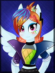 Size: 2000x2626 | Tagged: safe, artist:herusann, imported from derpibooru, rainbow dash, equestria girls, abstract background, alternate hairstyle, clothes, eyelashes, female, high res, ponied up, smiling, spread wings, wings