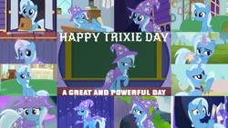 Size: 1280x721 | Tagged: safe, edit, edited screencap, editor:quoterific, imported from derpibooru, screencap, trixie, pony, unicorn, a horse shoe-in, a matter of principals, all bottled up, boast busters, magic duel, no second prances, road to friendship, season 1, season 3, season 6, season 7, season 8, season 9, student counsel, to change a changeling, to where and back again, alicorn amulet, cape, clothes, collage, cute, diatrixes, evil trixie, female, grin, hat, magic, mare, mouth hold, night, one eye closed, open mouth, open smile, school of friendship, smiling, solo, telekinesis, trixie day, trixie's cape, trixie's hat, trixie's wagon, twilight's castle, wagon, wink