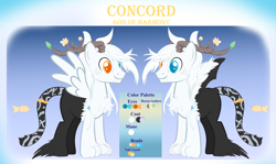 Size: 11906x7087 | Tagged: safe, artist:cinnamontoast-owo, imported from derpibooru, oc, oc only, oc:concord, draconequus, draconequus oc, duo, heterochromia, male, reference sheet, smiling