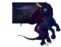 Size: 1155x898 | Tagged: safe, artist:royvdhel-art, imported from derpibooru, oc, oc only, oc:solar eclipse, pony, unicorn, cloud, glowing, glowing horn, horn, night, rearing, simple background, solo, unicorn oc, unshorn fetlocks, white background