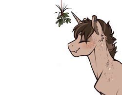 Size: 536x416 | Tagged: safe, artist:royvdhel-art, imported from derpibooru, oc, oc only, oc:rj, pony, unicorn, bust, ear piercing, earring, eyes closed, horn, jewelry, mistletoe, piercing, simple background, smiling, solo, transparent background, unicorn oc