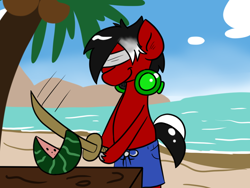 Size: 1024x768 | Tagged: safe, artist:tranzmuteproductions, imported from derpibooru, oc, oc only, earth pony, pony, beach, blindfold, clothes, coconut, earth pony oc, food, headphones, hoof hold, outdoors, palm tree, shorts, smiling, solo, tree, watermelon