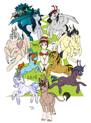 Size: 1200x1623 | Tagged: safe, artist:royvdhel-art, imported from derpibooru, oc, oc only, oc:rj, cow plant pony, earth pony, monster pony, original species, pegasus, plant pony, pony, unicorn, antlers, augmented, augmented tail, christmas, earth pony oc, female, hat, holiday, horn, male, mare, pegasus oc, plant, red nose, santa hat, simple background, smiling, stallion, tail, transparent background, unicorn oc, wings