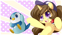 Size: 2000x1133 | Tagged: safe, artist:loyaldis, imported from derpibooru, oc, oc:astral flare, piplup, pony, unicorn, cute, daaaaaaaaaaaw, female, hat, poké ball, pokémon, pokémon diamond and pearl, pokémon trainer, sinnoh