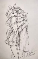 Size: 824x1280 | Tagged: safe, artist:elisdoominika, imported from derpibooru, izzy moonbow, sunny starscout, anthro, earth pony, unicorn, clothes, cuddling, drawing, dress, eyes closed, female, g5, hug, izzyscout, lesbian, looking at each other, my little pony: a new generation, one eye closed, pencil drawing, shipping, smiling, smiling at each other, traditional art, wink