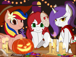 Size: 1615x1200 | Tagged: safe, artist:lemon, imported from derpibooru, oc, oc:lemon scent, oc:palette swap, oc:pearl shine, earth pony, pegasus, unicorn, apple, blood, candies, candle, cape, chocolate, clothes, dagger, female, food, halloween, hat, hockey mask, holiday, jack-o-lantern, jason voorhees, little red riding hood, mask, moon, nation ponies, philippines, pumpkin, skull, trio, voodoo doll, weapon, witch, wizard hat