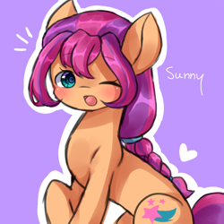 Size: 1000x1000 | Tagged: safe, artist:dddreamdraw, imported from derpibooru, sunny starscout, earth pony, pony, cute, female, g5, my little pony: a new generation, one eye closed, open mouth, pink background, simple background, solo, sunnybetes