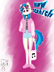 Size: 1200x1600 | Tagged: safe, artist:tastimelon, imported from derpibooru, dj pon-3, vinyl scratch, anthro, plantigrade anthro, clothes, female, glasses, handbag, jacket, music notes, shirt, shoes, socks, solo, varsity jacket