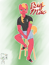 Size: 1200x1600 | Tagged: safe, artist:tastimelon, imported from derpibooru, big macintosh, anthro, plantigrade anthro, clothes, eye clipping through hair, hair over one eye, looking at you, male, polo shirt, sandals, shorts, sitting, solo, tight clothing