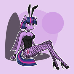 Size: 1280x1280 | Tagged: safe, artist:tastimelon, imported from derpibooru, twilight sparkle, alicorn, anthro, alternate hairstyle, breasts, bunny ears, bunny suit, busty twilight sparkle, cleavage, clothes, cuffs (clothes), female, fishnet pantyhose, fishnets, high heels, leotard, purple background, shoes, short mane, simple background, sitting, solo, twilight sparkle (alicorn)