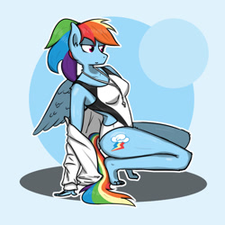 Size: 1280x1280 | Tagged: safe, artist:tastimelon, imported from derpibooru, rainbow dash, anthro, plantigrade anthro, blue background, clothes, female, one-piece swimsuit, open jacket, open-back swimsuit, ponytail, simple background, solo, squatting, swimsuit, whistle, whistle necklace