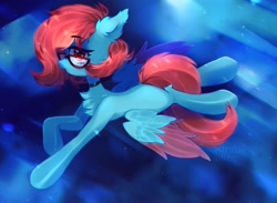 Size: 2000x1462 | Tagged: safe, artist:astralblues, imported from derpibooru, oc, oc only, pegasus, pony, choker, colored wings, ear fluff, female, flying, glasses, looking at you, mare, night, solo, two toned wings, wings