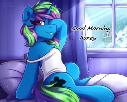 Size: 2000x1600 | Tagged: safe, artist:shadowreindeer, imported from derpibooru, oc, oc only, oc:shimo, pony, unicorn, bed, clothes, commission, female, good morning, morning, morning ponies, shirt, solo, waking up, your character here