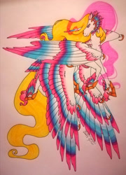 Size: 1920x2660 | Tagged: safe, artist:oneiria-fylakas, imported from derpibooru, oc, oc only, oc:aora, alicorn, original species, seraph, seraphicorn, female, multiple wings, solo, traditional art