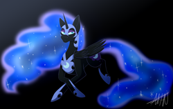 Size: 1024x646 | Tagged: safe, artist:alexiaf13, imported from derpibooru, nightmare moon, alicorn, pony, black background, blue eyes, blue mane, blue tail, colored pupils, ethereal mane, feather, female, flowing mane, flowing tail, folded wings, helmet, hoof shoes, horn, signature, simple background, solo, starry mane, starry tail, stars, tail, wings