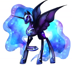 Size: 1600x1455 | Tagged: safe, artist:shir124365, imported from derpibooru, nightmare moon, alicorn, pony, blue eyes, blue mane, blue tail, colored pupils, eyelashes, female, flowing mane, flowing tail, helmet, hoof shoes, horn, looking at you, simple background, solo, spread wings, tail, teeth, white background, wings