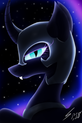 Size: 2000x3000 | Tagged: safe, artist:spyrophantom, imported from derpibooru, nightmare moon, alicorn, pony, blue eyes, blue mane, bust, colored pupils, curved horn, dark, digital art, ethereal mane, eyelashes, fangs, female, flowing mane, helmet, high res, horn, looking at you, night, signature, solo, starry mane, stars, wings