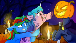 Size: 1280x720 | Tagged: safe, artist:rutkotka, imported from derpibooru, izzy moonbow, oc, oc:wander bliss, bird, pony, raven (bird), unicorn, bracelet, candle, eyebrows, eyebrows visible through hair, female, fence, floppy ears, g5, halloween, holiday, jack-o-lantern, jewelry, mare, my little pony: a new generation, nightmare night, pumpkin, pumpkin head, unshorn fetlocks