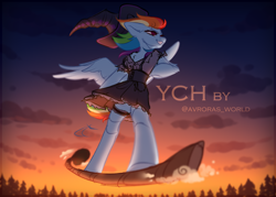 Size: 3500x2500 | Tagged: safe, artist:avroras_world, imported from derpibooru, rainbow dash, alicorn, anthro, earth pony, pegasus, unguligrade anthro, unicorn, broom, clothes, cloud, commission, female, flying, flying broomstick, forest, halloween, hat, high res, holiday, male, mare, solo, stallion, sunset, witch hat, ych example, ych sketch, your character here