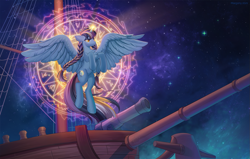 Size: 1577x1000 | Tagged: safe, artist:margony, imported from derpibooru, oc, oc only, alicorn, pony, alicorn oc, boat, braid, cannon, female, horn, magic, magic circle, sky, solo, space, stars, wings