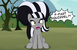 Size: 3412x2235 | Tagged: safe, artist:badumsquish, derpibooru exclusive, imported from derpibooru, limestone pie, monster pony, original species, pony, skunk, skunk pony, alternate hairstyle, alternate mane color, angry, death stare, dialogue, fart squirrel, female, front view, glare, high res, implied farting, limestone pie is not amused, raised tail, rock farm, show accurate, sitting, skunkified, solo, species swap, tail, talking to viewer, this will end in a tomato juice bath, this will end in pain, this will not end well, tree, yelling